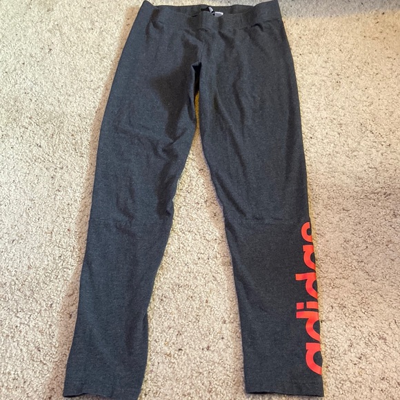 Adidas leggings, dark grey with coral pink lettering. Size medium. - Picture 1 of 4